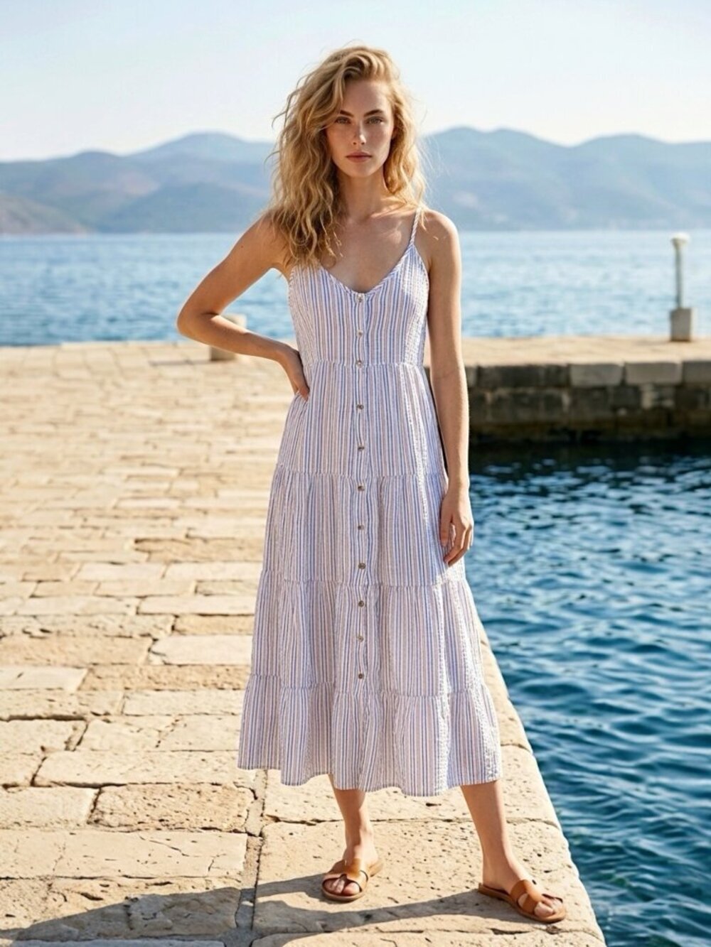 Anthropologie Striped Button Front Tiered Midi Dress Sz M Cotton Gauze Cottage